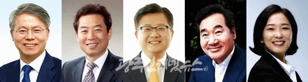 제22대 국회의원 선거 광주 광산구을 후보 (왼쪽부터) 민형배, 안태욱, 김용재, 이낙연, 전주연 후보.